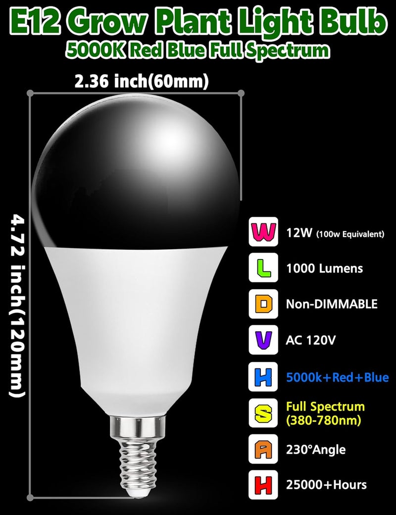 Xyanmc Grow LED Light Bulbs Full Spectrum, E12 12W Small Candelabra Sun Plant Bulbs 100w Equivalent, Balanced Spectrum 5000K Blue Red for Flowers,Seed Starting,Indoor Growing,6Pcs - Image 2